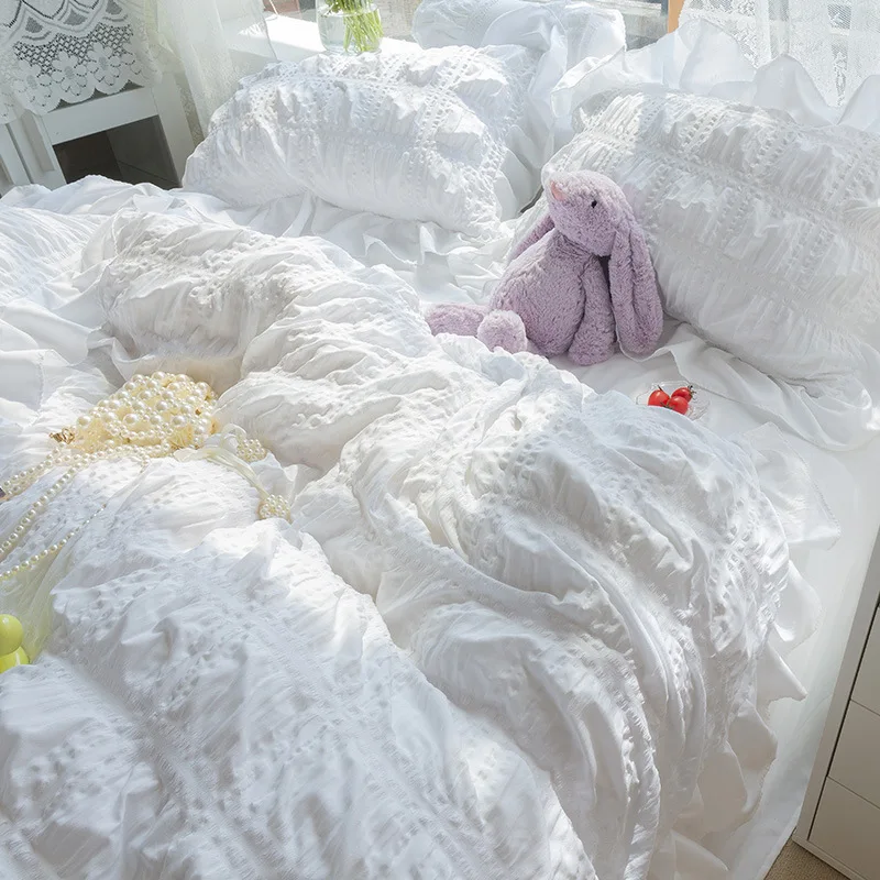 Fairy White Fluffy Lace Four-piece Bed Sheet Quilt Cover Set Girl Princess Solid Color Twin Queen King Size Bedding Set