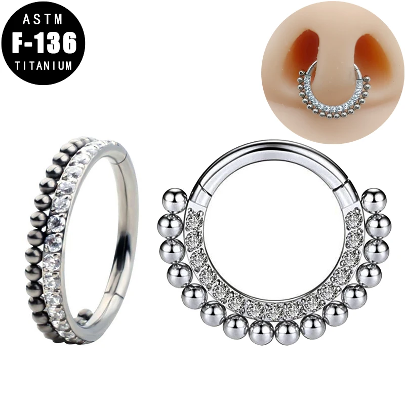 

ASTM F136 Titanium Nose Ring Septum Cliker Piercing CZ Side Beads Hoop Hinged Segment Ear Cartilage Tragus Helix Earring Jewelry