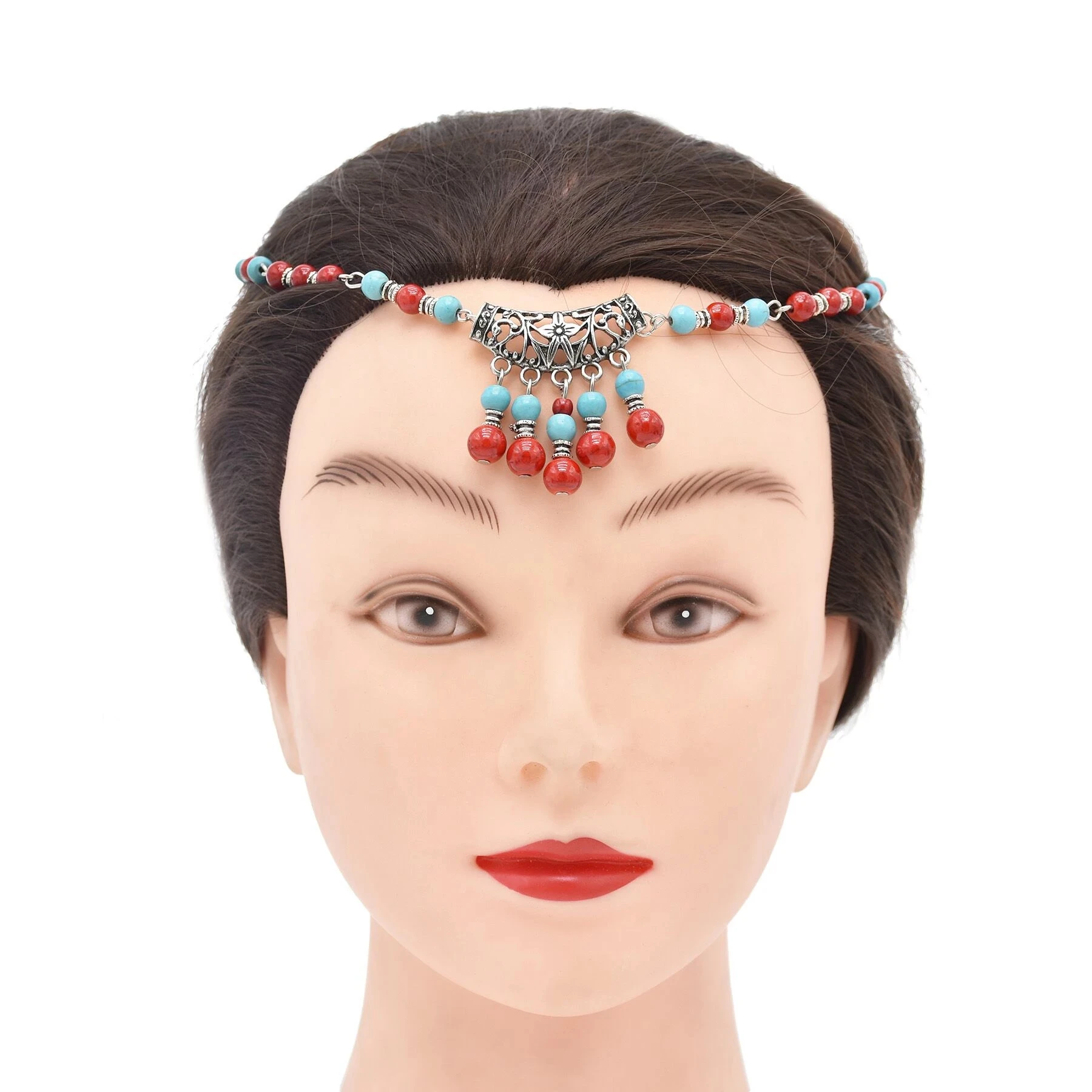 

Ethnic Afghan Tribal Boho Red Blue Stone Forehead Headbands for Women Indian Festival Head Chains Gypsy Party Hair Accessories