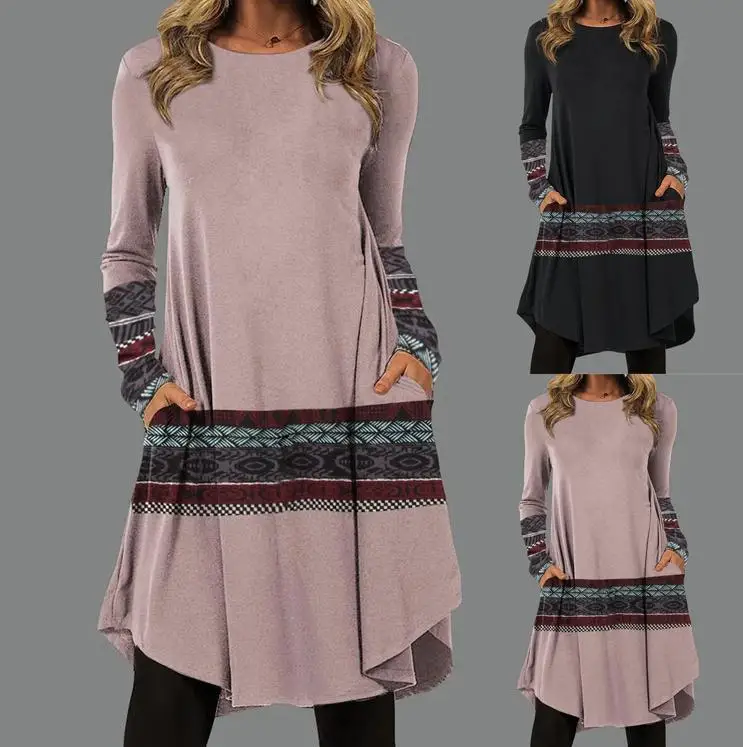 

2022 Women Fashion Autumn New Pocket O-neck Loose Irregular Bottom Long Sleeve Dress