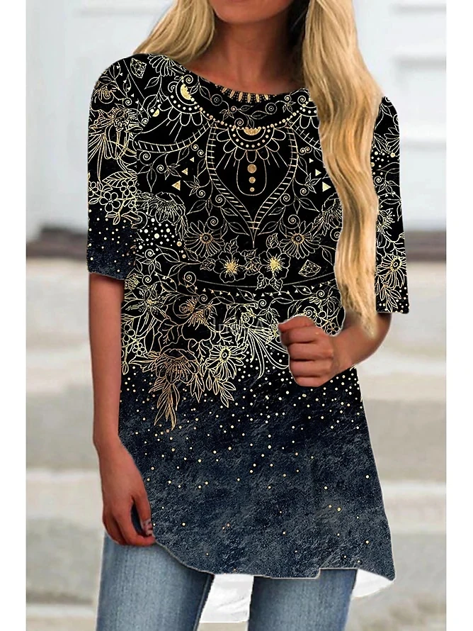 Женская футболка с коротким рукавом топ абстрактным принтом и круглым вырезом