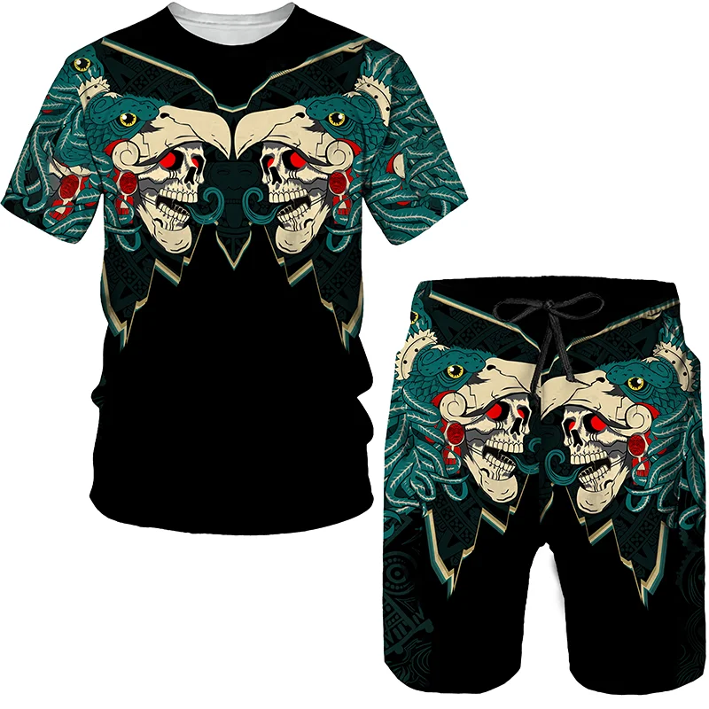 

New Men's T Shirts/Tracksuit/Shorts Skull Graphic Top Street Hip Hop Sportswear Male 2 Piece Sets Summer Men's Clothing 2023