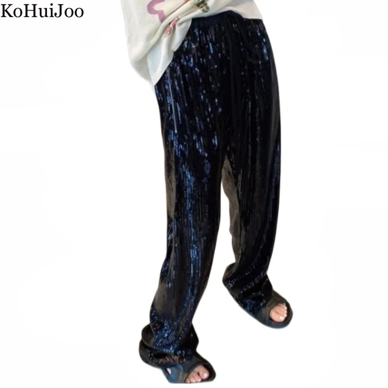 KoHuiJoo Personalized Casual Street Style Sequins Women's Pants 2022 Autumn High Waist Elastic waist Zipper Straight trousers