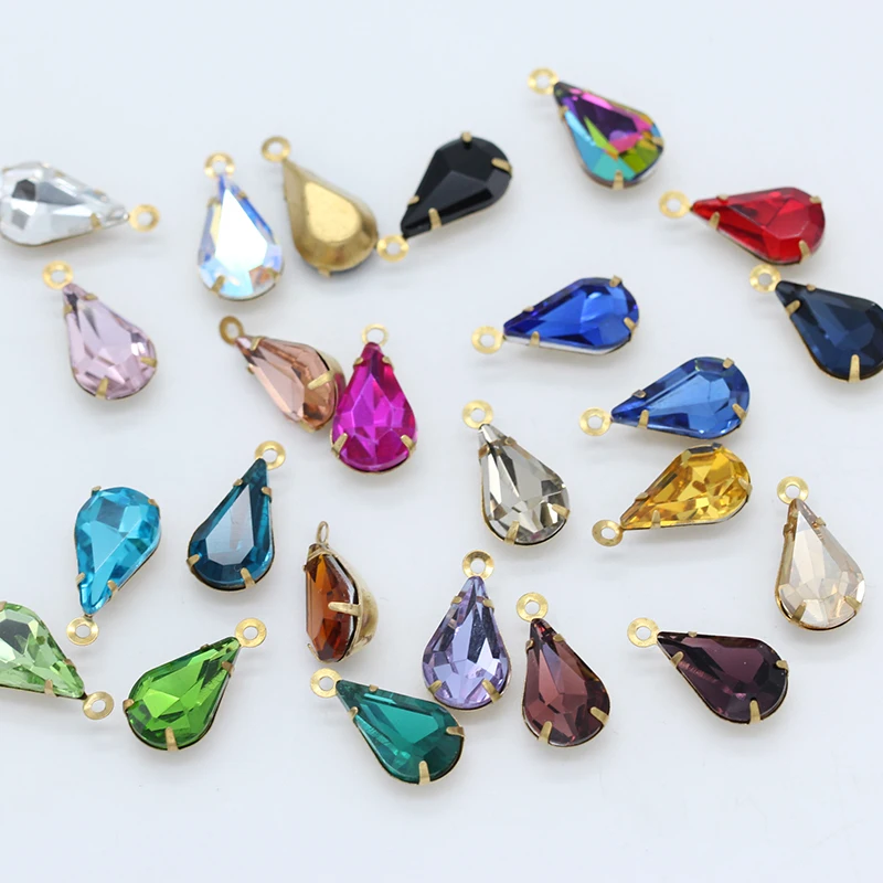 

20pc 6x10mm teardrop glass crystal Vintage shining Rhinestone single Daggle Beads pendant with gold casting connectors