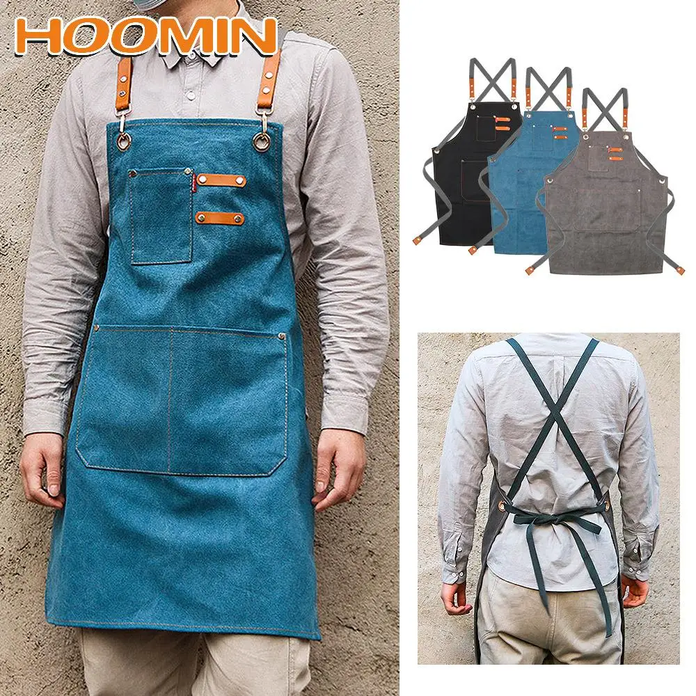 

HOOMIN New Fashion Canvas Kitchen Aprons With Pockets Chef Work Apron Cafes Beauty Nails Studios Uniform For Grill Restaurant