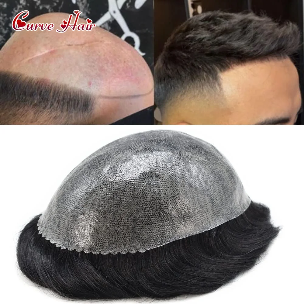 Toupee For Men Human Hair Replacement Systems Skin Mens Hair Capillary Prosthesis Injection PU Hairpieces Man Wigs Grey Black