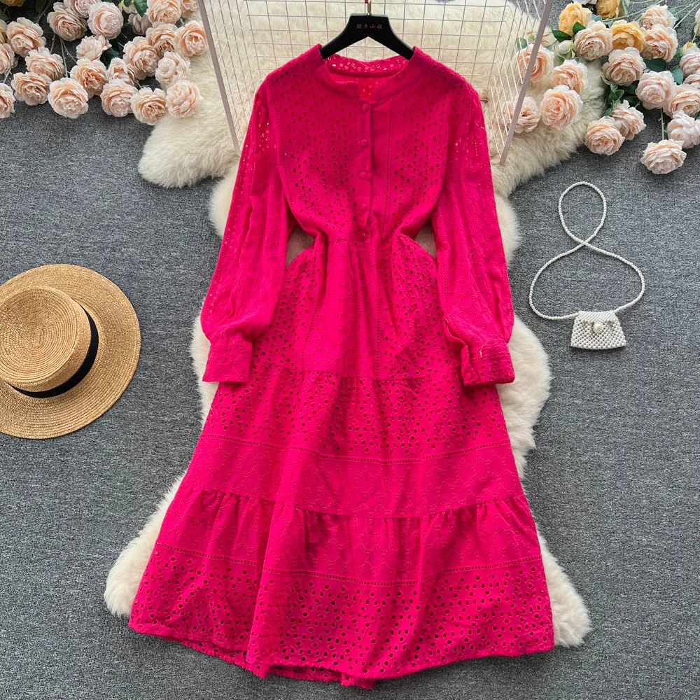 Spring Autumn New Fashion French Vintage Lace A-line Dress Women's Round Collar Long-sleeved Party Clothes Vestidos K789