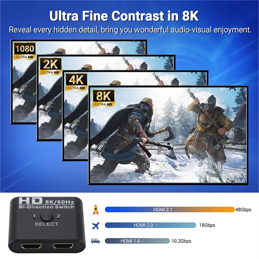 Фото 4K HDMI-совместимый переключатель двунаправленный сплиттер 1x 2/2x1 HDMI 8K 60 Гц переключатель 2 в 1 для PS4/3 ТВ-монитора переключатель адаптер №5