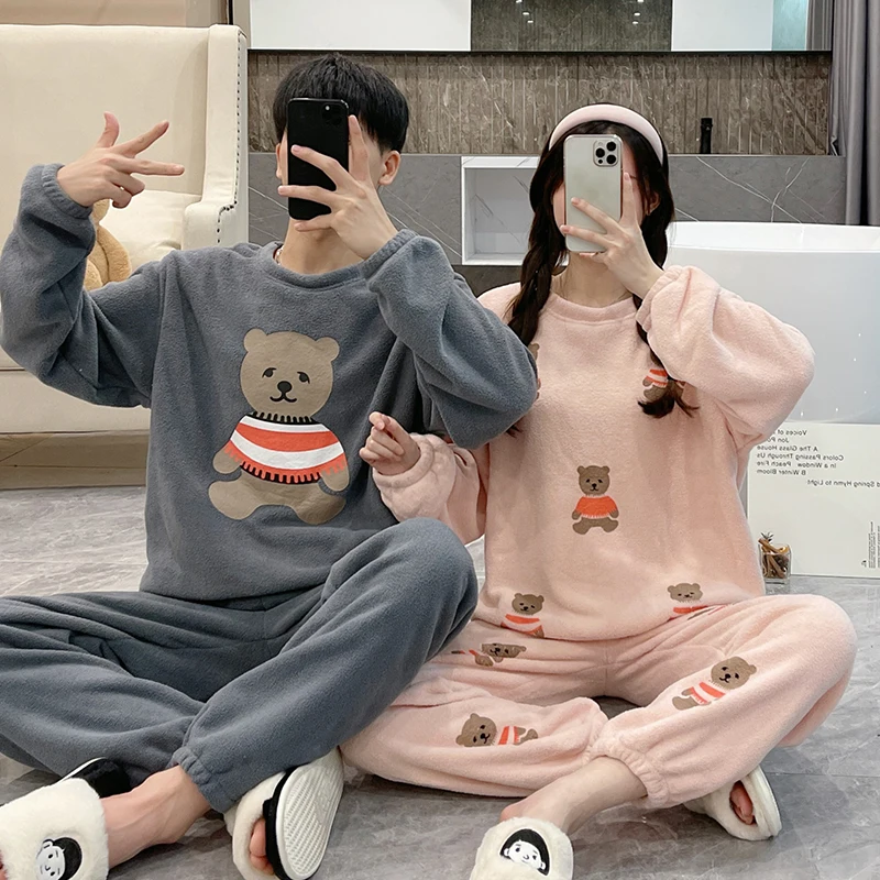 Woman Man Winter Warm Pijama Set Lover Couple Matching Pajamas Soft Flannel Thick Home Clothing Cute Bear Printing 2 Pieces Wear