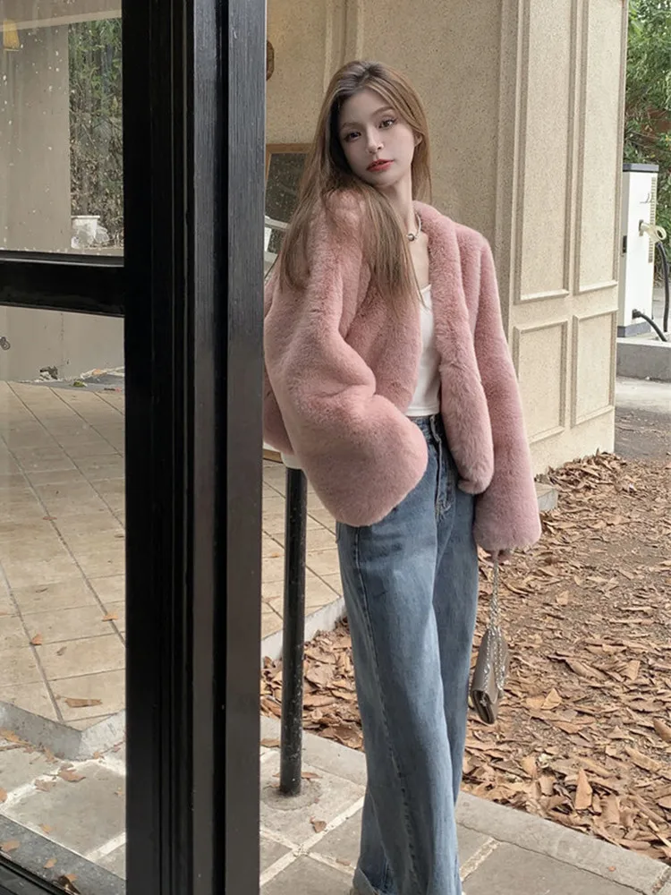 Women Pink Faux Rabbit Fur  Fluffy Jacket Short Winter Furry Coat images - 6