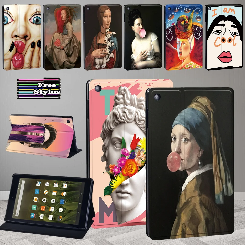 Tablet Case for Fire HD 8 Plus 2020/Fire 7/HD 8(7th  8th 10th)/HD 10(5th 7th 9 Th)Funny Painting Pu Leather Stand Cover