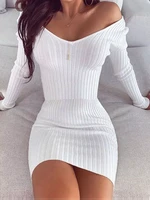 summer ribbed knit white mini dresses women sexy v neck long sleeve black bodycon dress ladies slim pencil dress 5xl