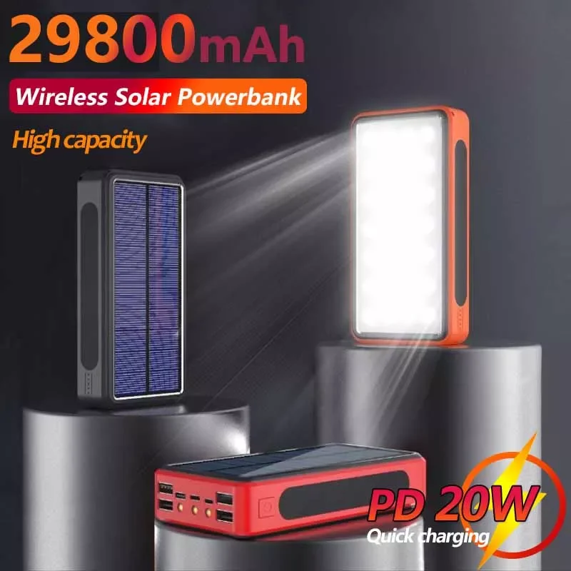 

29800mAh Solar Wireless Fast Charging Power Bank Soft Rubber Dust-proof with 4 USB LED Portable External Battery