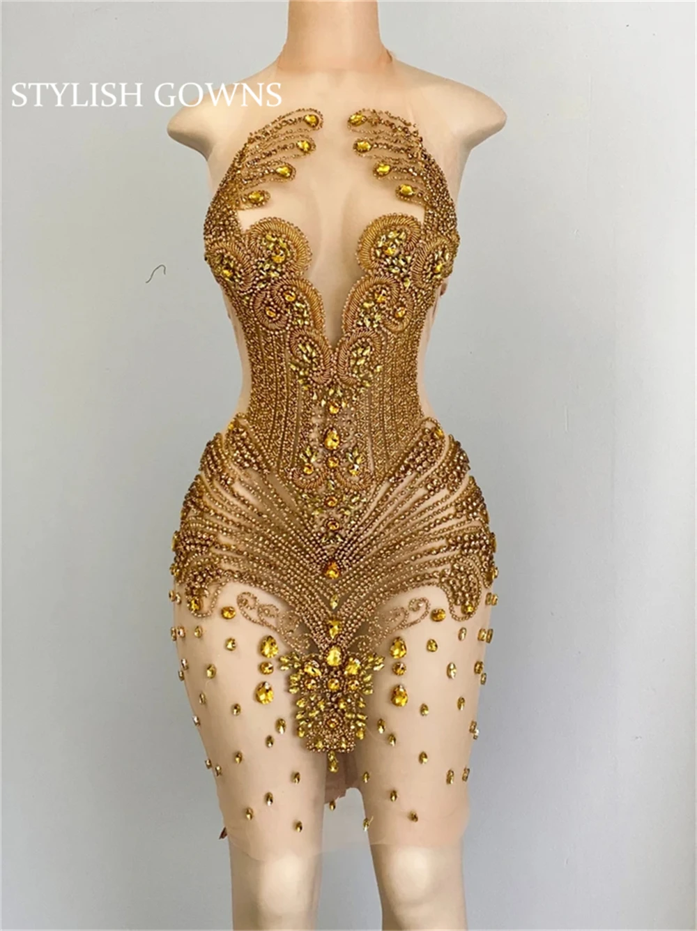 

Gold High Neck Short Prom Dresses For Black Girls Beaded Crystal Birthday Party Dress Mermaid Mini Cocktail Homecoming Robe De