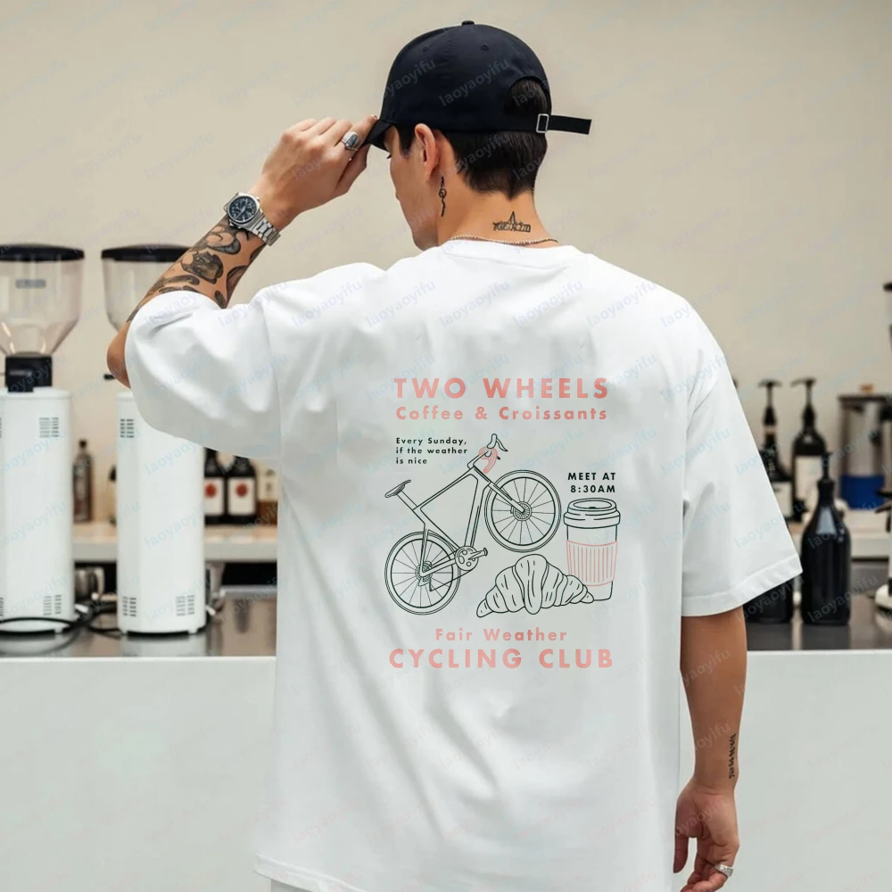 Фото Укороченная футболка Cycling Club с рисунком велосипеда, кофе и круассанов, футболка оверсайз, высококачественная хлопковая футболка №3
