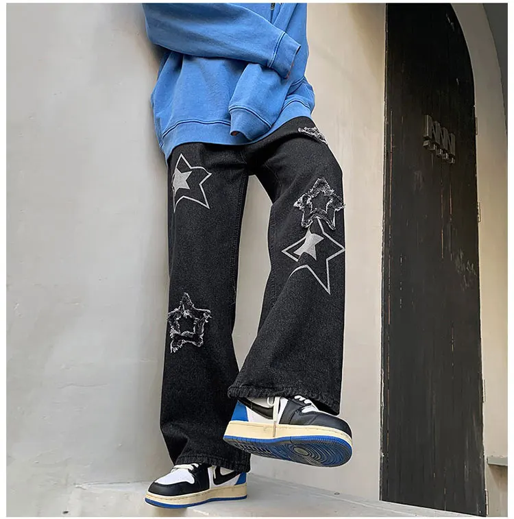 Vintage Women's Men's Korean Denim Pants Y2K Cltohes Streetwear Printed Patchwork Baggy Wide Jeans Straight Trousers For Men