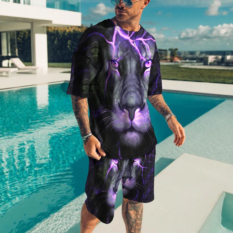 

Men Tracksuit 2 Piece Set Summer Casual Shorts Cool Lion 3D Printed Oversized Man Clothing Streetwear Fashion O Neck T Shirts