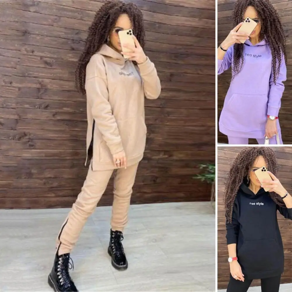 

Костюм спортивный женский из 2 предметов, однотонный Повседневный свитшот с капюшоном, пуловер, штаны, большие размеры, на осень-зиму