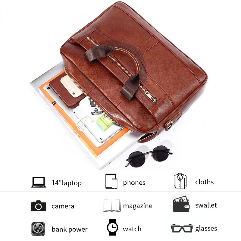 Fashion Men's Briefcase Mens Genuine Leather Handbags High Quality Luxury Business Bags Laptop Crossbody Bags Shoulder Document