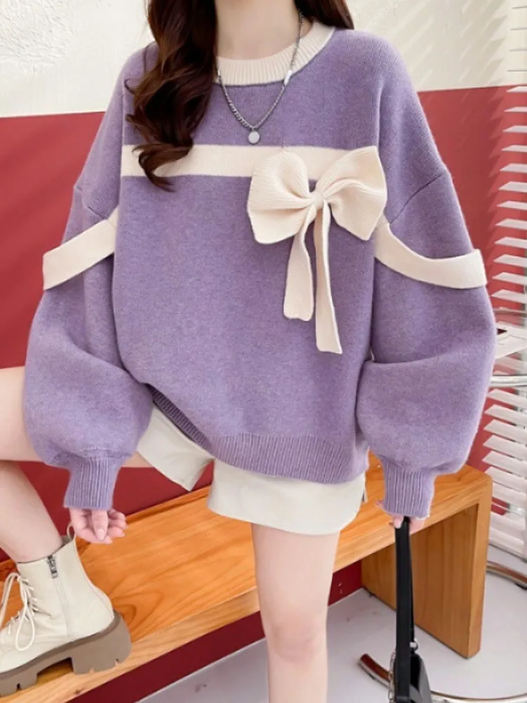 Женский Вязаный Пуловер С Круглым Вырезом Топ Бантом Повседневный Свитер