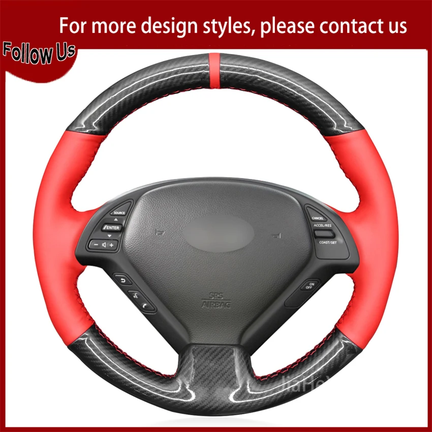 

Hand-sewn Black Carbon Fiber Red Leather Car Steering Wheel Cover For Infiniti G37 G G25 G35 EX EX35 EX37 Q Q40 Q60 QX50 (US)