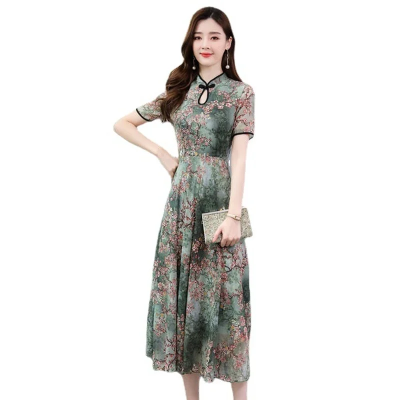 

2022 Summer New Improved Cheongsam Dress Round Neck Short Sleeve Waist Floral Large Swing Skirt Fashion Printing A-line Skirt