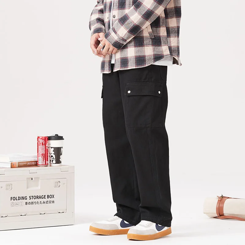 Men Clothing Autumn and Winter New Pattern Multiple Pockets Black Cargo Pants Broad Leg Straight Cylinder Loose Jeans Female
