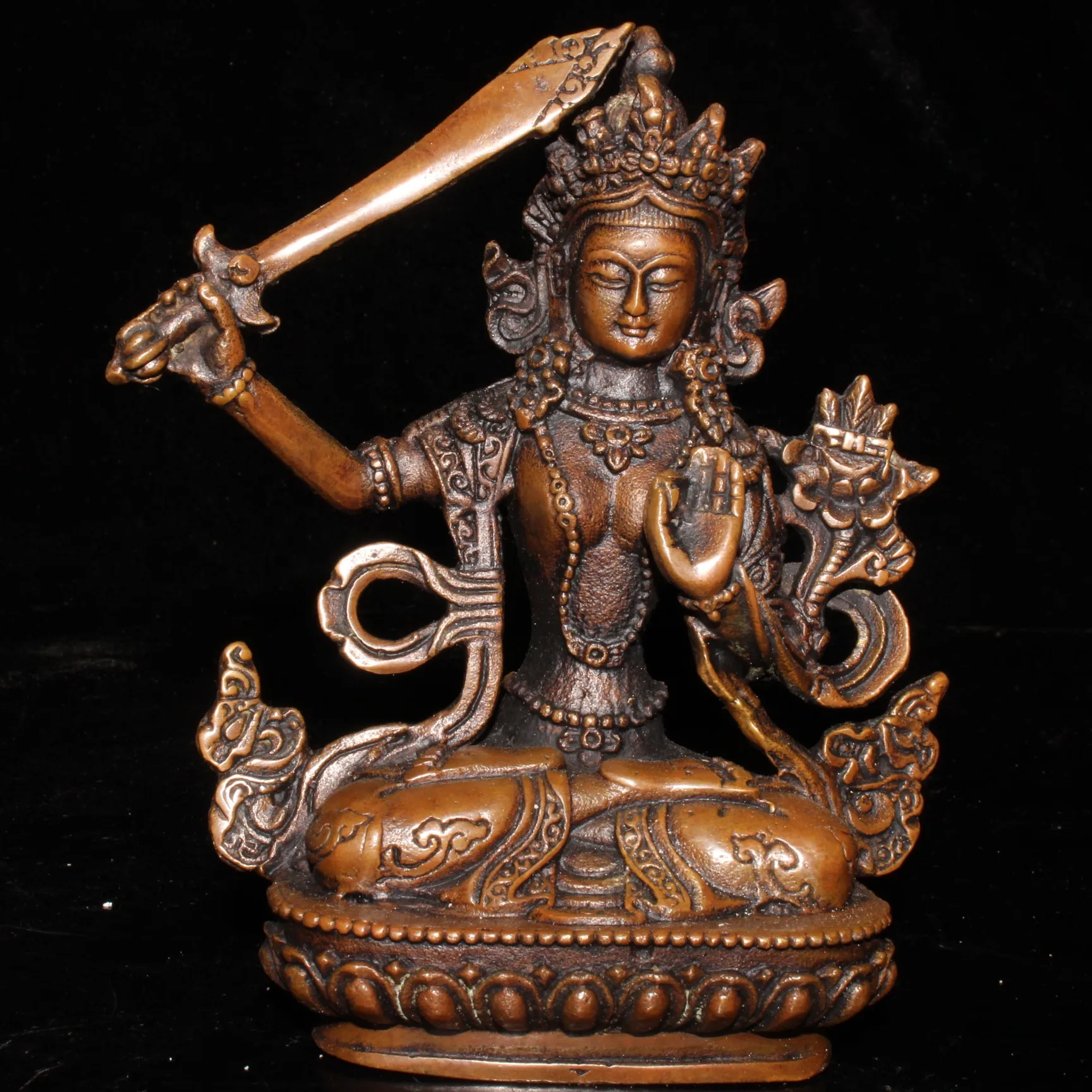 

Old Tibetan Buddhism Hand Engraving Brass Bodhisattva Manjusri Buddha Statue