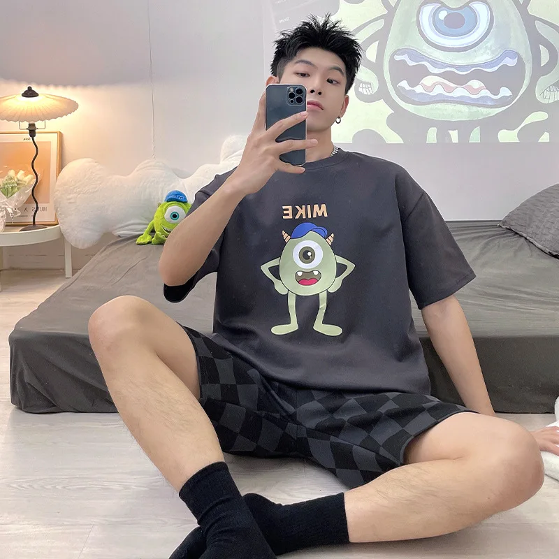 New Arrive Men Cotton Summer Sleepwear Short Sleeve Print Style Cute Cartoon Teen Home Pajama Sets