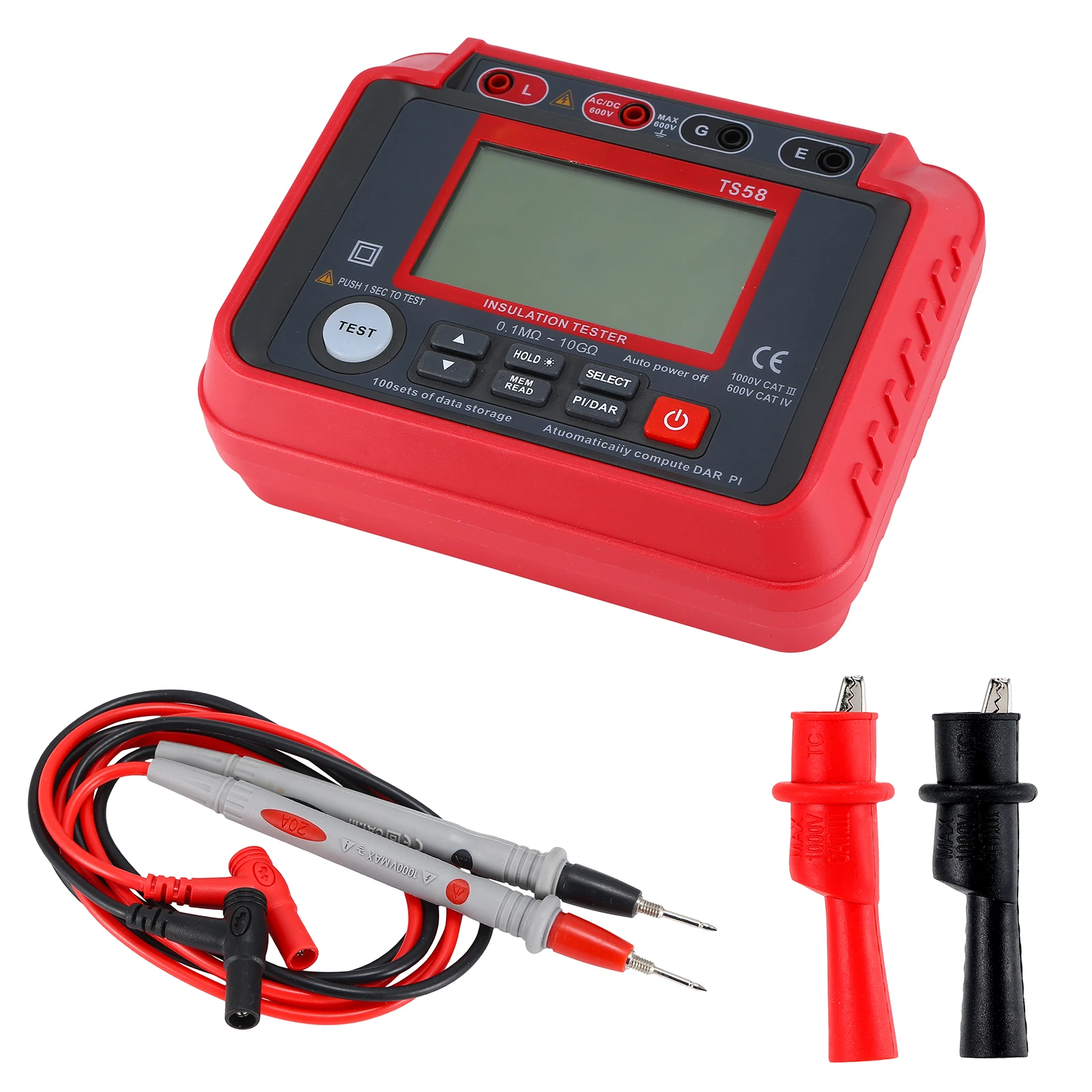 

TS58 Digital Insulation Resistance Tester 0.1MΩ-10GΩ Megohmmeter with LCD Backlit Display AC DC 10-600V Maximum 2000 Counts