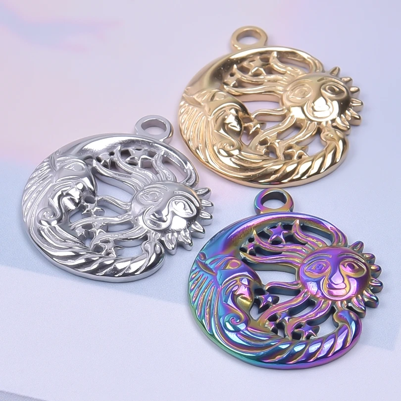 

5pcs Round Punk Sun Moon Stainless Steel Charms Fashion Necklace Choker Pendants Accessories Jewelry Making Finding DIY Material