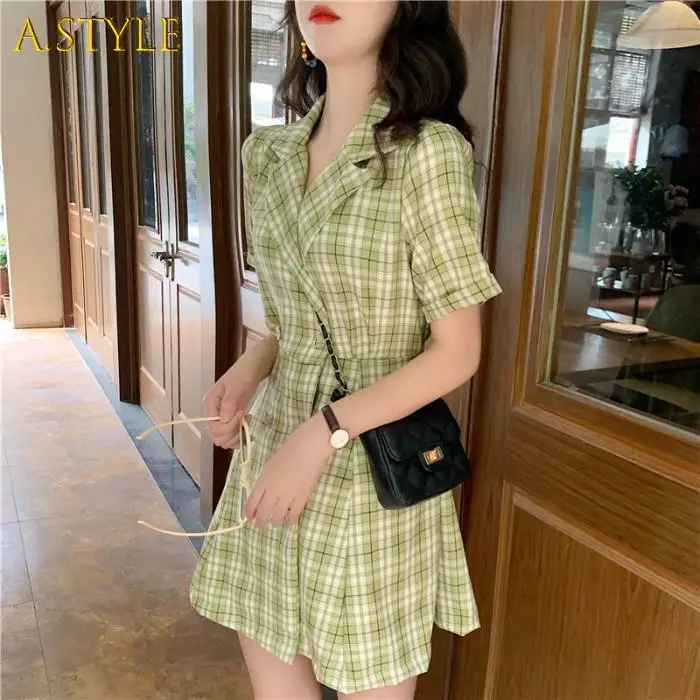 

A GIRLS Dress Women Green All-match Trendy Leisure Girl Plaid Ulzzang Fresh Hot Sale A-line Chic Retro Stylish Elegant Mini
