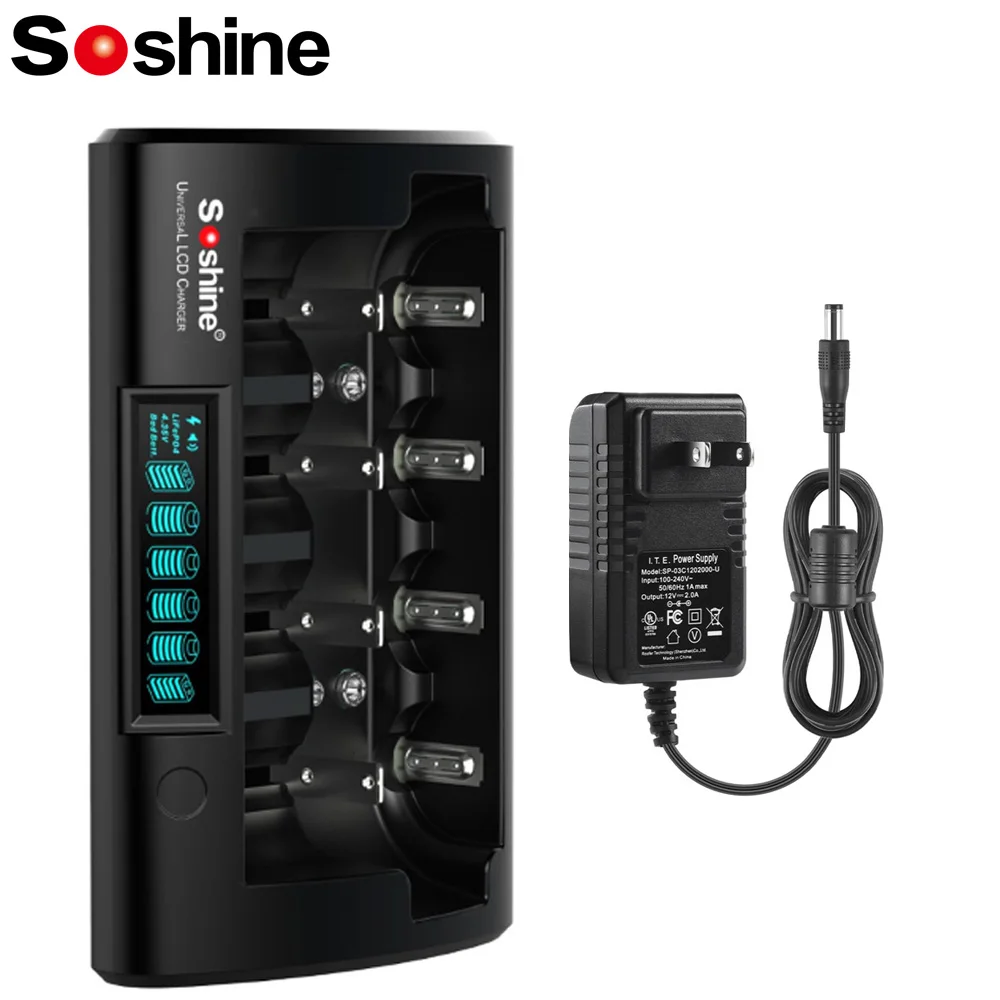 

Soshine 12V 2A Battery Charger LCD Universal Charger for Li-ion LiFePO418650 26650 14500 10440 18350 21700 RCR123 Ni-MH AAA AA C