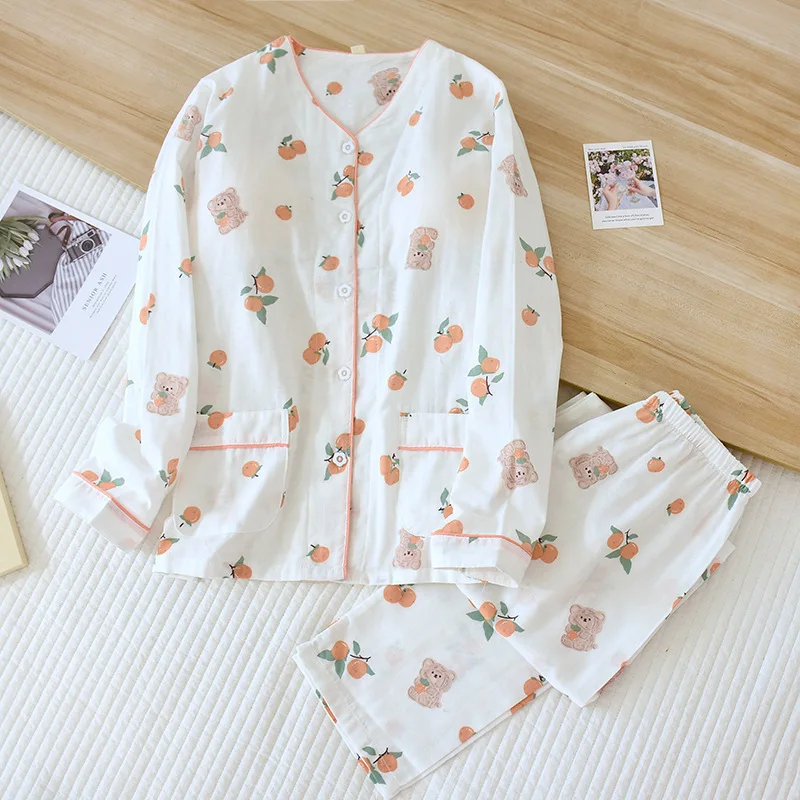 Cotton Women's Pajamas with Chest Pads Four Seasons Thin Long-sleeved Bra-free Loose Casual Sleepwear Home Set Two-piece Suit