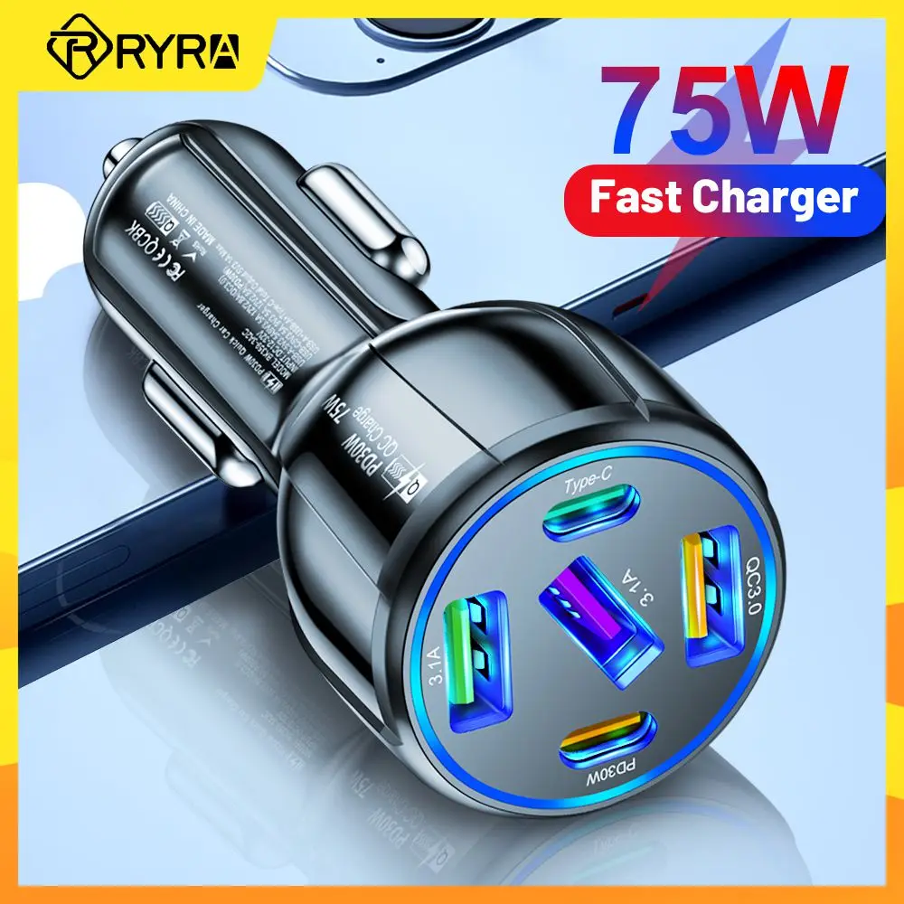 

RYRA 5 Ports 75W USB Car Phone Charger Type C USBC Car Fast Charging QC3.0 PD Car Charger Adapter For Iphone Huawei Samsung