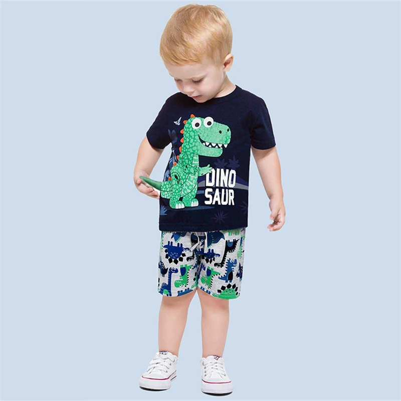 

Boys T-shirt Suit Summer Kids Clothes Children's Casual Dinosaur Short-sleeved T-shirt Top + Short Pants 2-piece Outfit Set 2-7Y