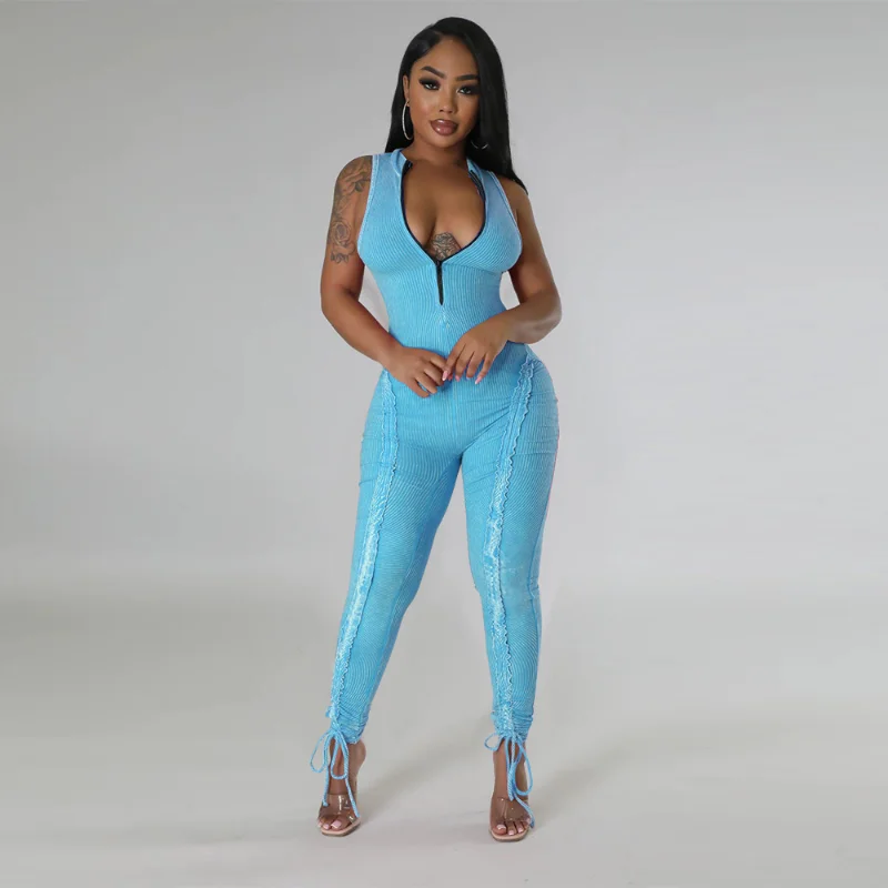 

WUHE Zipper Fly Sleeveless Drawstring Ruched Up Legging Women Jumpsuit 2023 Knit Fitness Yoga One Piece Set Outfit Playsuit