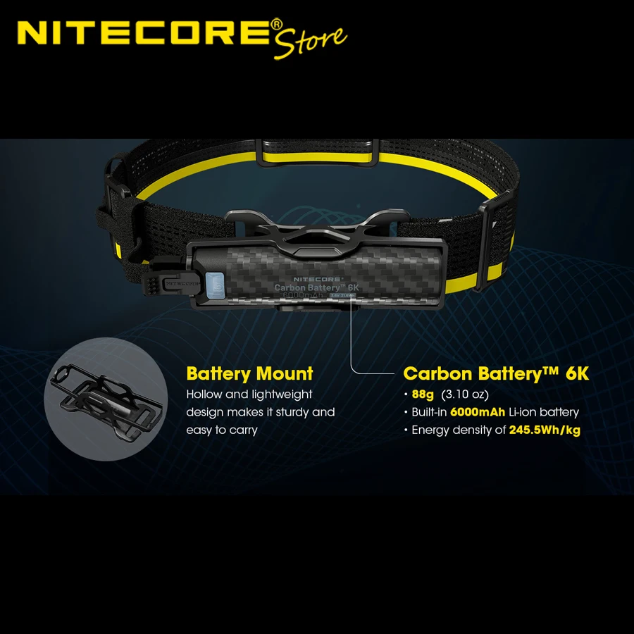Фото Карбоновая батарея NITECORE 6K, 6000 мАч, перезаряжаемый USB-C, расширенный комплект рабочего времени для налобного фонаря №2