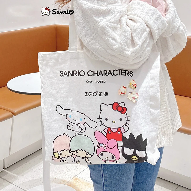 

Холщовая Сумка Sanrio из чистого хлопка с мультяшным рисунком Hello Kitty, сумка для покупок Cinnamoroll, сумка-тоут, Студенческая сумка для хранения, Хлопковая Сумка на одно плечо