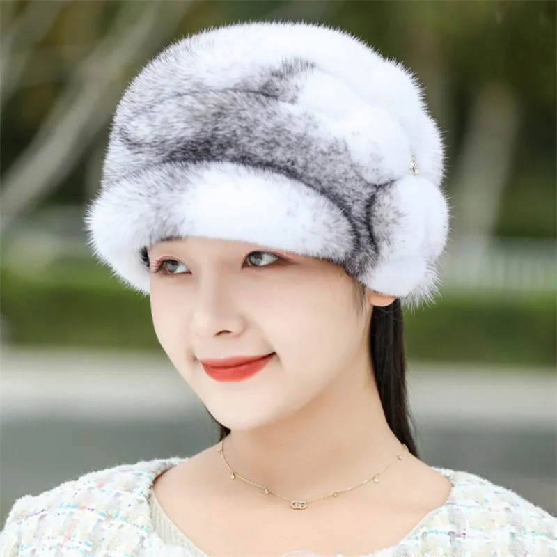 New Winter Women's Russian Warm Mink Flower Hat Luxury Fur Natural Mink Hair Fashion Large Elastic Soft Thickened Warm Fur Hat