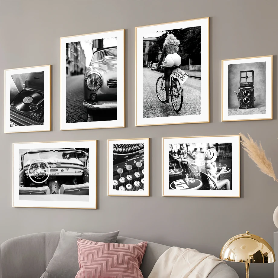 

Vintage Camera Phonograph Train Champagne Nordic Posters And Prints Wall Art Canvas Painting Black White Decoration Pictures Bar