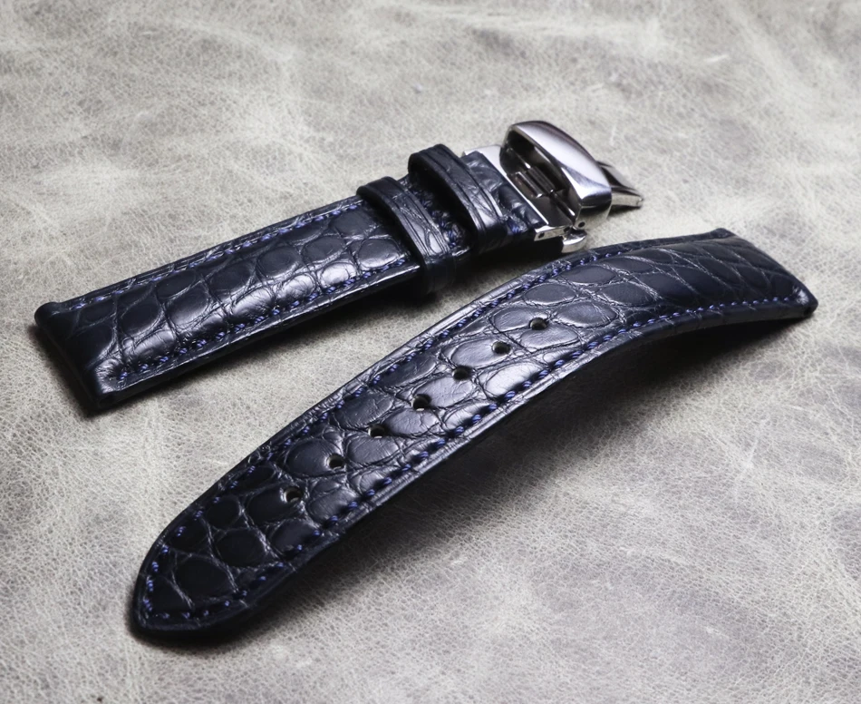 New Watch band dark blue 20mm 21mm 22mm crocodile leather butterfly buckle strap calfskin bottom bracelet vintage wristband