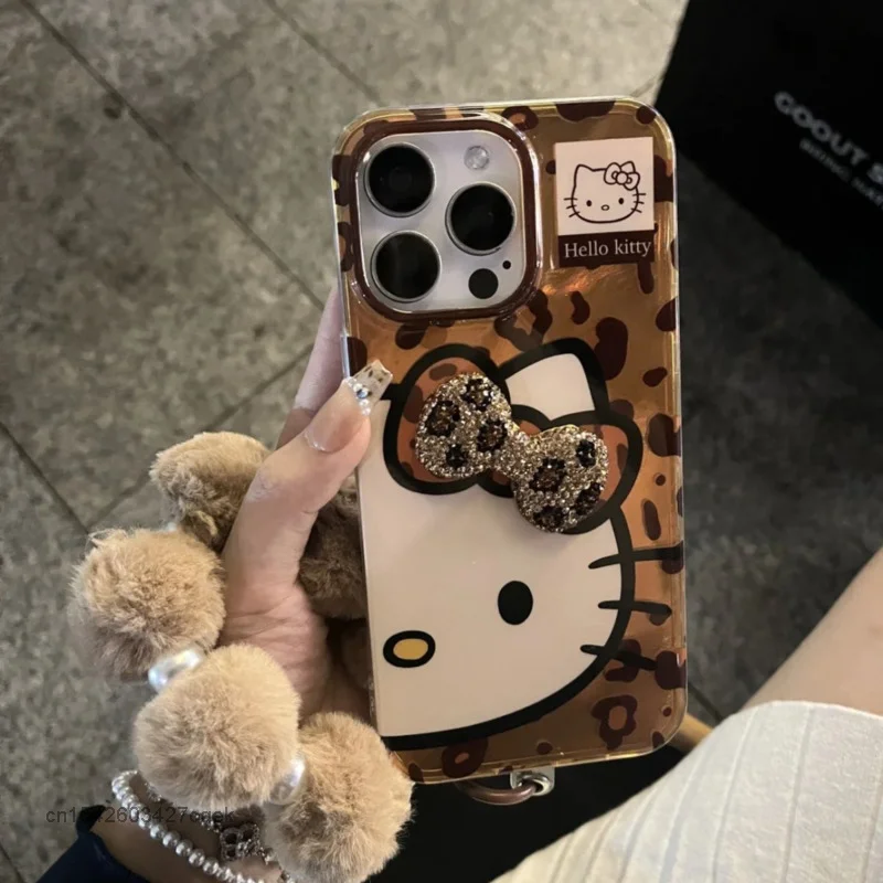 Sanrio Hello Kitty 3D Bow Rhinestone Роскошный чехол для телефона с леопардовым принтом IPhone 16 15 14