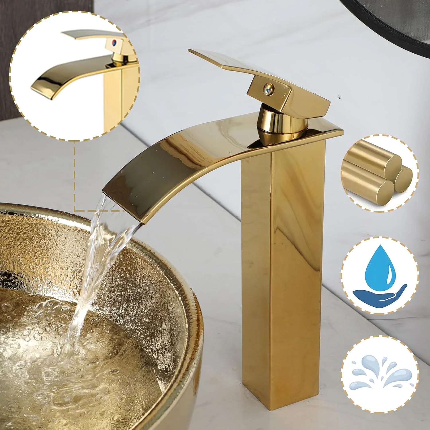 Фото Керамическая раковина KEMAIDI Gold с краном, круглая, для установки на столешницу, для ванной комнаты, отеля, сада №4