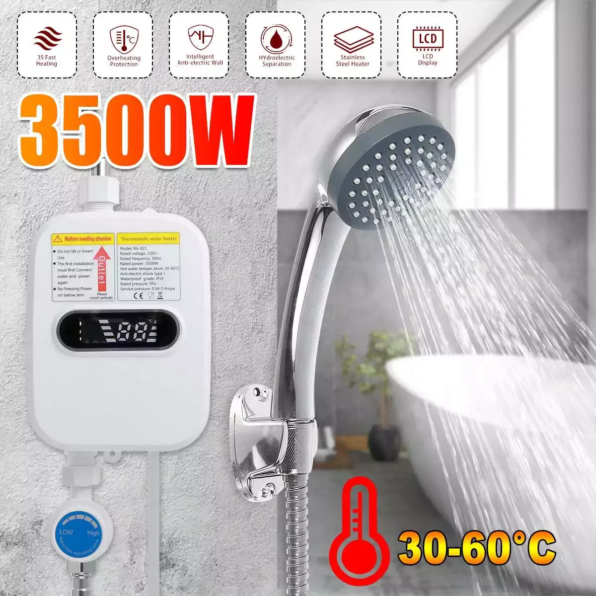 Enlarge 3s Heating 220V 3500W Electric Water Heater Instant Tankless Heater Bathroom Shower Multi-purpose Household Hot-Water Heater