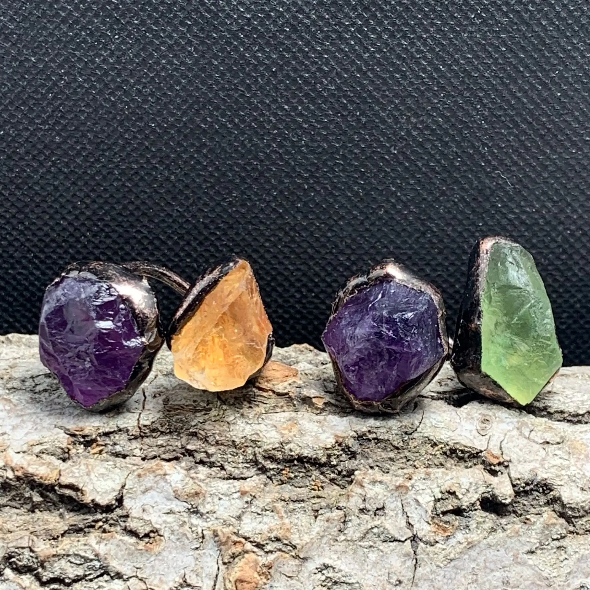 

Vintage Natural Amethyst Citrine, Green Fluorite, Amorphous Open Ring, Bronze Adjustable Double-ended Ring