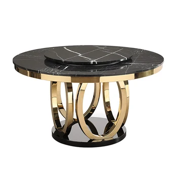 Stainless steel marble dining table round turntable gold plated
