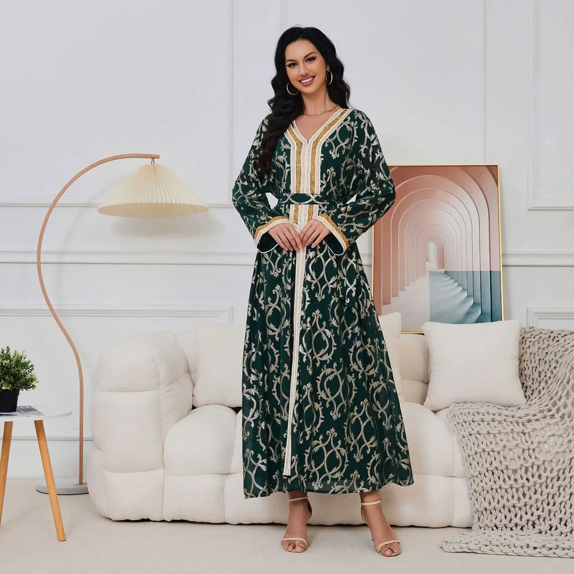 Арабское элегантное мусульманское платье женское длинное Абая с принтом Дубая и