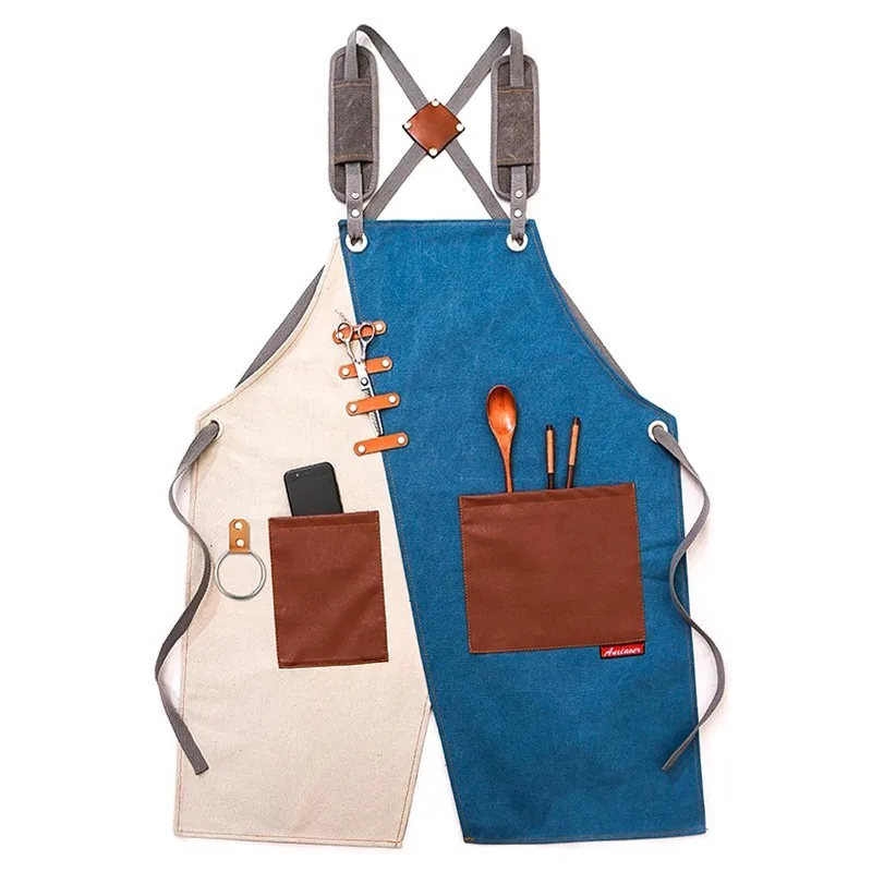 

Aprons Cotton Denim Thicken Splicing Style Kitchen Accessories Daily Cooking Home Cleaning Barista Barber Apron Pocket Overalls