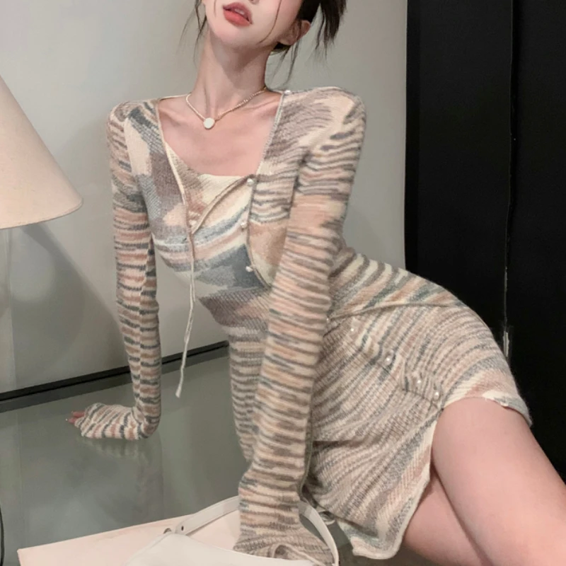 

Асимметричный вязаный костюм в полоску, кардиган с юбкой, комплект из 2 предметов, женская тонкая куртка с длинным рукавом для ранней осени